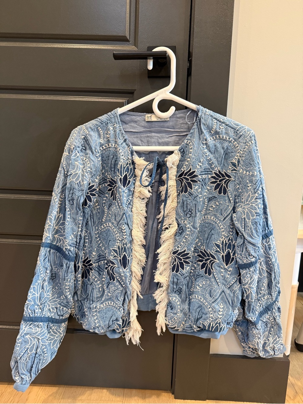 Zara Light Blue Embroidered Fringe Jacket